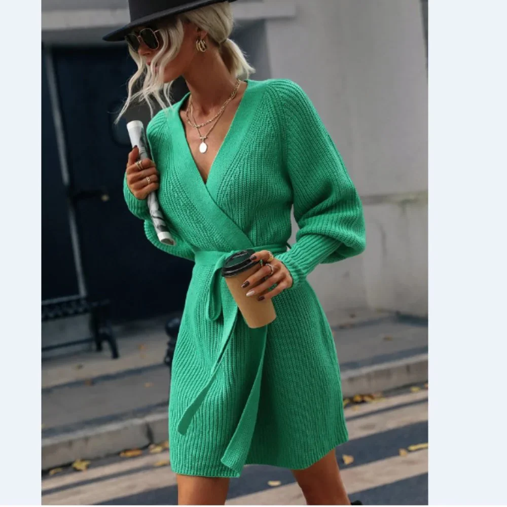 Rib-Knit Lantern Sleeve Belted Sweater Dress - Picture 12 of 16